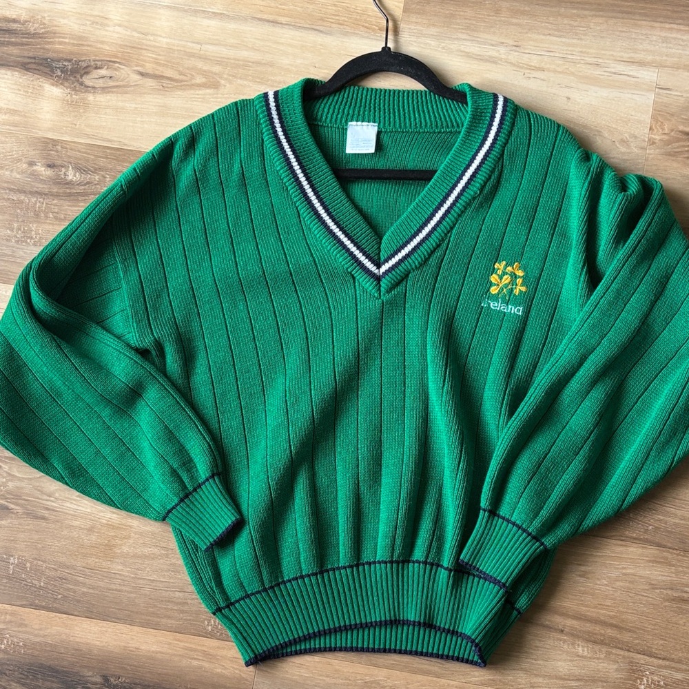 Green V-Neck Sweater with Ireland Embroidery
